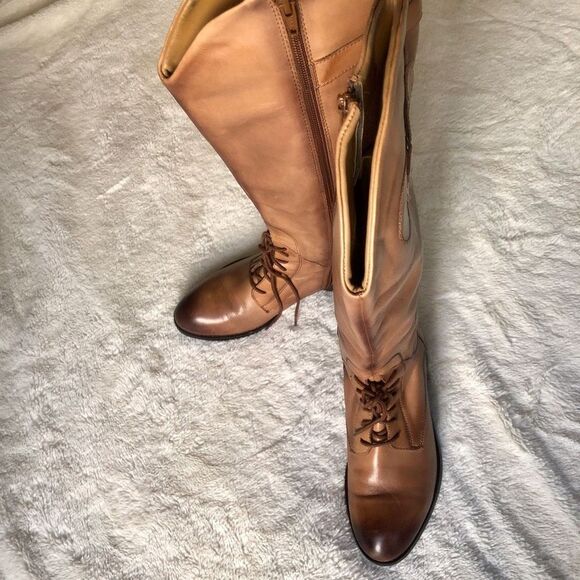 CATHY JEAN BROWN VINTAGE LOOKING KNEE HIGH LEATHER WOMENS BOOTS WITH TIE AND ZIP - Picture 7 of 10